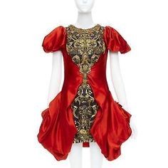 ALEXANDER MCQUEEN 2010 Angels Demons Runway red gold puff dress IT40 S Beyonce  | eBay Alexander Mcqueen 2010, Queen Outfit, Puff Dress, Pleated Sleeves, High Relief, Angels And Demons, Gold Thread, Stylish Dresses, Beyonce