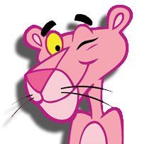 the pink panther is smiling and pointing at something