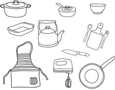 kitchen utensils are shown in this black and white drawing, which includes an apron, spatula, knife, bowl, pan, teapot, and other items