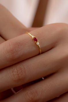 Minimalist Ruby Dainty Baguette Diamond Stackable Ring, Simple Delicate Promise Ring for Her, Red Ruby July Birthstone Stacking Ring - Etsy Promise Rings Aesthetic, Engagement Ring Gold Simple, Simple Diamond Rings, Ruby Ring Simple, Senior Ring, Ruby Engagement Ring Gold, Ruby Jewelry Ring, Senior Rings, Ruby Gold Ring