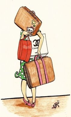 a drawing of a woman carrying two suitcases and a bag on her back,