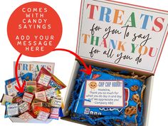 a box filled with lots of treats next to a thank you sign and some candy