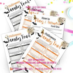 four halloween printables with text on them