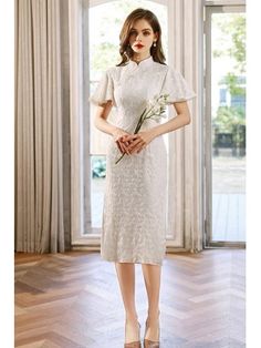 Retro Modest High Neck White Lace Wedding Party Dress With Beaded Flare Sleeves High Neck White Dress, Simple Wedding Dress Short, Wedding Dresses 2024, Wedding Dresses 2018, Wedding Party Dress, Flare Sleeves, Short Wedding Dress, Wedding Dresses Simple, Wedding Party Dresses