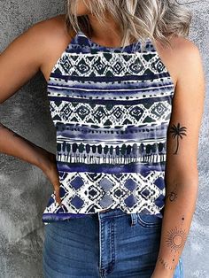 Green Women's Tank Top Blue Purple Brown Geometric Print Sleeveless Casual Weekend Basic Halter Regular Geometric S Trendy Blue Vest Top, Trendy Blue Sleeveless Vest, Trendy Sleeveless Blue Vest, Blue Sleeveless Tank Top For Beach, Trendy Blue Tank Vest, Blue Sleeveless Summer Vest, Blue Sleeveless Tank Top For The Beach, Blue Summer Vest, Blue Tank Vest For Summer