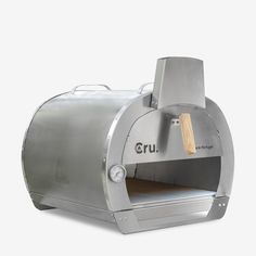 a stainless steel pizza oven with a wooden handle on the front and side door open