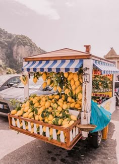 an outdoor fruit stand with lemons and oranges on display in front of a car