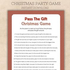 a christmas party game with the words pass the gift on it and an image of a santa