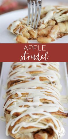 an apple strudel is on a plate with a fork in it and the words apples strudel above it