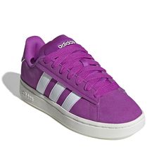 adidas-Grand Court Alpha Sneaker - Women's Combining heritage tennis vibes and modern elements, the Grand Court Alpha sneaker lets you wear your style how you want it. Designed with suede for a snug experience and premium feel, this lace-up sneaker is enhanced with lightweight Cloudfoam comfort sockliner for all-day underfoot cushioning. Sporty Purple Skate Shoes With Laces, Sporty Purple Skate Shoes With Boost Midsole, Purple Sporty Sneakers With Vulcanized Sole, Adidas Purple Sneakers With Round Toe, Purple Adidas Sneakers With Round Toe, Purple Skate Shoes With Vulcanized Sole For Streetwear, Purple High-top Adidas Sneakers, Purple Vulcanized Sole Skate Shoes For Streetwear, Purple Low-top Skate Shoes With Vulcanized Sole