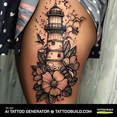 a woman's thigh with a lighthouse and flowers tattoo on her leg, in black and white