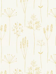 a white and gold wallpaper with plants on it