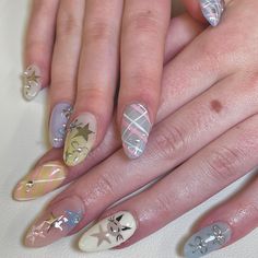 silly cat nails plaid nails colorful nails mix & match nails pastel nails spring nails Cute Plaid Nails, Pastel Plaid Nails, Pastel Winter Nails, Smiski Nails, Neopolitan Nails, Pastel Nails Spring, Mix And Match Nails, Nails Plaid, Match Nails