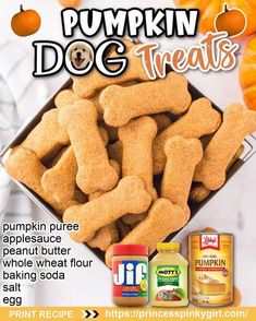 an advertisement for pumpkin dog treats with oranges in the background and on the front