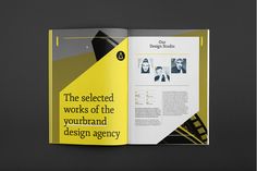 a brochure designed to look like a book with yellow and black details on the pages