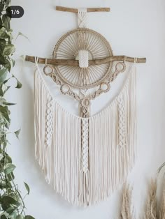 a wall hanging made out of macrame and wicker, with plants in the background