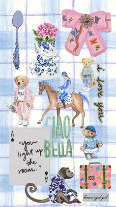 a collage of various items including a horse, cake and flowers on a blue checkered background