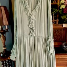 Gorgeous, Fun, Dressy Or Casual. Beautiful Layered Sleeve Cuffs. Very Romantic. This Dress Makes A Statement: Quietly! Has Under Slip In Same Color. Nwot. Never Worn. The Safe Green Is Really Pretty, No Yellow In It. More A Beachy Soft Color. Flowy Boho Dress With Ruffles, Green Flowy Long Sleeve Boho Dress, Green Long Boho Dress For Spring, Long Sleeve Flowy Boho Dress With Ruffles, Long Green Boho Dress For Spring, Flowy Long Sleeve Boho Dress With Ruffles, Green Flowy Boho Dress For Brunch, Wedding Maxi Dress, Safe Green