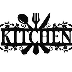 the word kitchen is surrounded by utensils, spoons and knives in an ornate frame