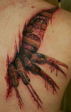 Freddy Krueger Tattoo, Rose Tattoo Black, Ripped Skin Tattoo, Tato 3d, Tatoo 3d, Horrible Tattoos, Backpiece Tattoo