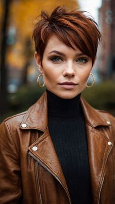 Fall Hair Colors Dark Copper French Bob. Cowboy Copper Pixie, Pixie Copper Hair, Color Block Bob, Hair Color For Short Hair Pixie, Fall Hair Colors For Short Hair Pixie, Short Copper Hair Pixie Hairstyles, Dark Hair Color Ideas For Short Hair, Short Haircut Back View, Auburn Pixie Haircut