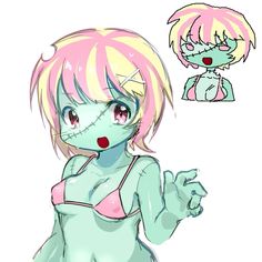 a drawing of a girl with pink hair and blue eyes, wearing a white bra