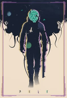 a poster with an image of a man standing in front of some trees and planets