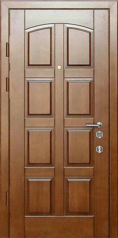 a wooden door with two sidelights on the top and bottom panel, in brown wood