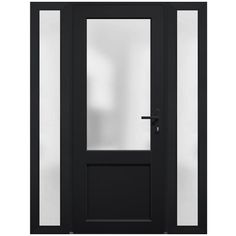 a black door with frosted glass panels