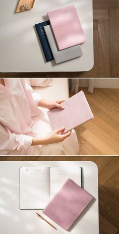 three different views of an open notebook on top of a white table with pink sheets