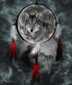 a wolf is standing in front of a dream catcher with two wolfs on it