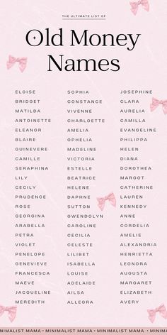 an old money names poster with pink bows