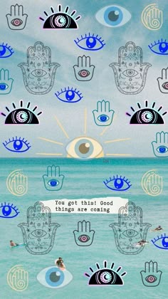 an image of the sky and water with all seeing eye symbols in different colors on it