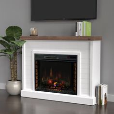 a white fireplace with a flat screen tv above it and a potted plant next to it