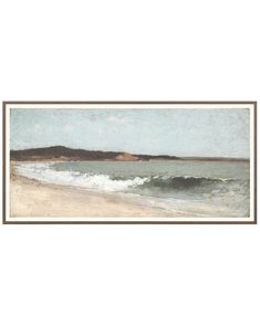 an ocean scene with waves crashing on the beach and mountains in the distance, framed in brown