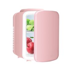 an open pink refrigerator door with apples inside