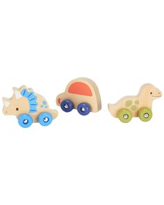 three wooden toys are shown on a white background and one is shaped like a horse, the other has a car