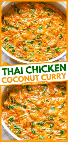 thai chicken coconut curry in a large pot with a wooden spoon on the side and an advertisement above it