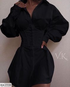 Black Corset Shirt Outfit, Black Dress Shirt Women's, Waist Corset Outfit, Black Dress Shirt, Button Shirt Dress, Buttoned Shirt, Elegant Attire