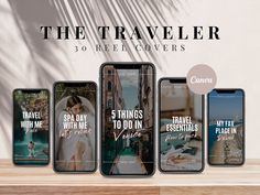 three cell phones with the text, the traveler 30 reel covers on them and an image of