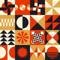 Mid-century geometric abstract vector seamless pattern with simple shapes and retro color palette. Visual design geometric ART Red Yellow Black White Color Palette, Bold Geometric Pattern, Neo Geometric Design, Geometric Pattern Design Geometry Shape, Aesthetic Boarders Designs, Pattern Geometric Design, Modern Pattern Geometric, Mid Century Modern Poster, Sacred Geometry Patterns