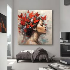 a woman with butterflies on her head in a bedroom