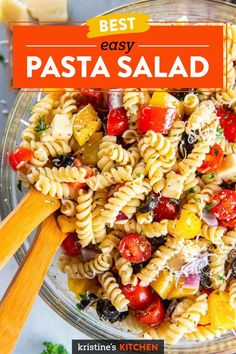 pasta salad in a glass bowl with the title overlay reads best easy pasta salad