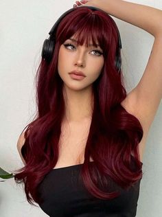 Dark Vampire Red Hair, Wine Cherry Hair, Redish Hair Colour, Red Hair On Brown Skin Women, Wine Red Hair With Bangs, Red Hair On Pale Skin, Bright Burgundy Hair, Red Bangs Hair, Red Hair Makeup Looks