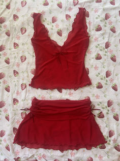 Red Set Outfit, Red Cami Top, Skirt And Top Set, Skirt And Top, Red Skirt, V Day, Red Skirts, Red Outfit, 2000s Fashion