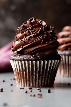 two cupcakes with chocolate frosting and sprinkles on top are sitting next to each other