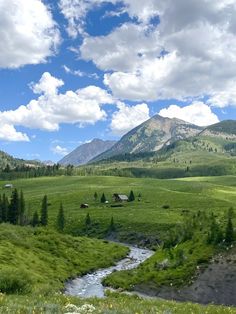 a green valley with mountains in the background and a stream running through it, surrounded by trees