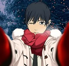 an anime character with black hair wearing a red scarf and white coat, standing in front of snow covered trees