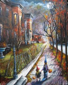 a painting of two children walking down the street