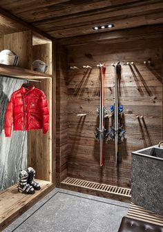 a ski shop with wooden walls and shelves